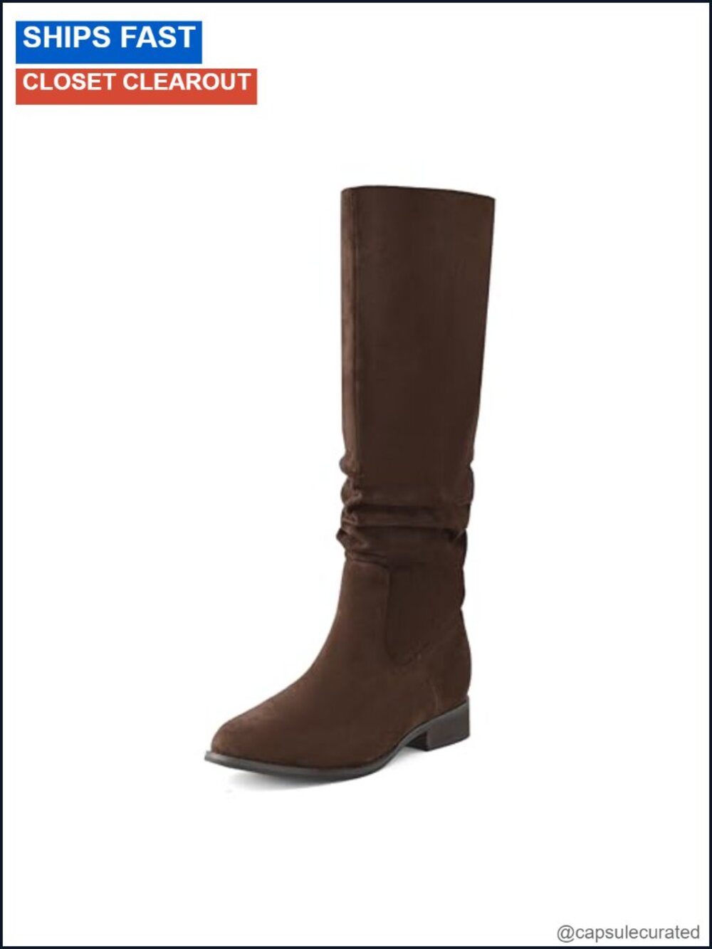 Knee High Slouch Boots Women Faux Suede Pointed Toe Low Heel Side Zipper